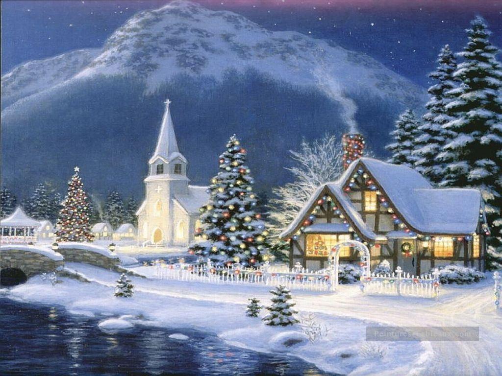 Village à la veille de Noël neigeant Peintures à l'huile